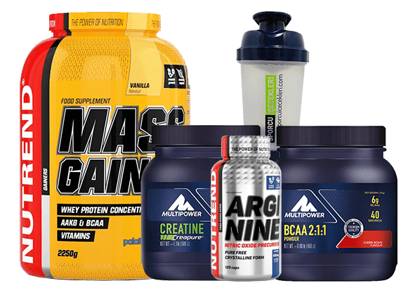 Nutrend Mass Gain Gold 3000 Gr Multipower Creatine Powder 500 Gr Multipower BCAA Powder 400 Gr ve Nutrend Arginine 120 Kapsül